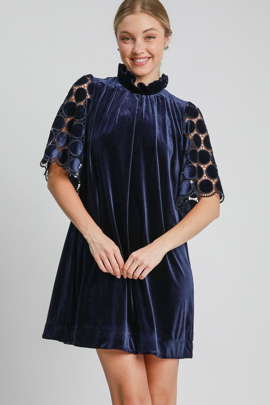 Dotted Lace Mock Neck Back Tie Velvet Dress