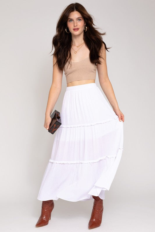 Last One Sale! Elastic Waist Merrow Edge Tiered Midi Skirt