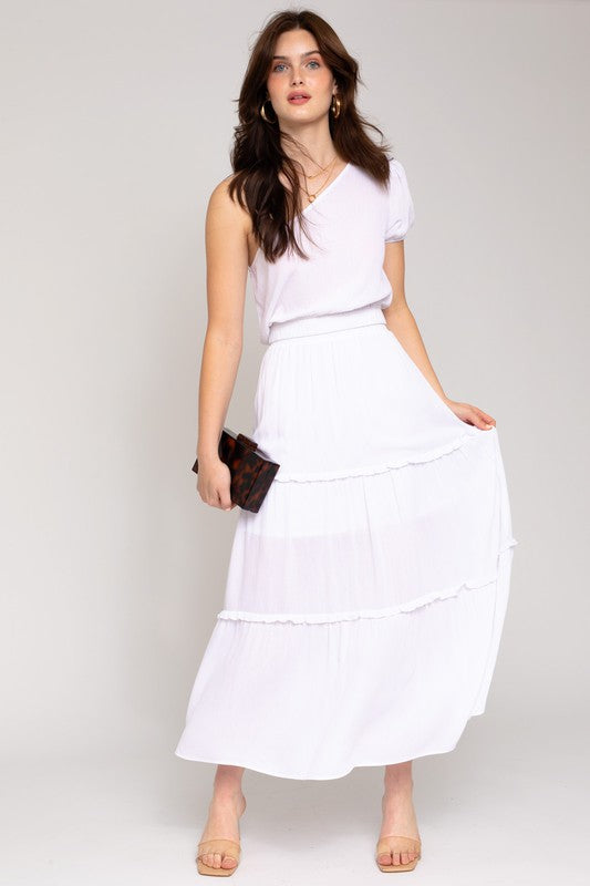 Last One Sale! Elastic Waist Merrow Edge Tiered Midi Skirt