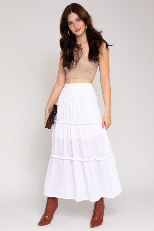 Last One Sale! Elastic Waist Merrow Edge Tiered Midi Skirt