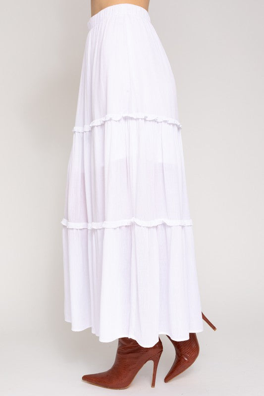 Last One Sale! Elastic Waist Merrow Edge Tiered Midi Skirt