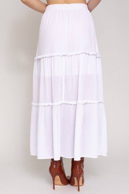 Last One Sale! Elastic Waist Merrow Edge Tiered Midi Skirt