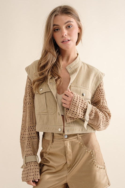 Twill Crop Crochet Jacket