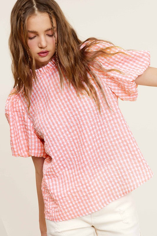 Gingham Check Print Puff Sleeve Top