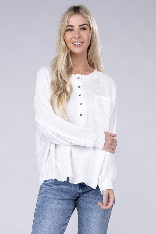 Double Gauze Oversized 3/4 Button Henley Neck Top