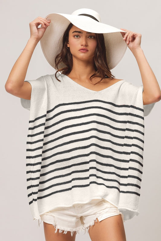 V-Neck Striped Short Sleeve Top