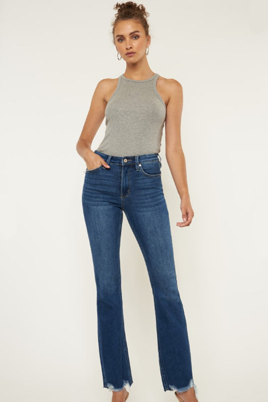 Kancan Dark Wash Raw Hem Flare Jeans