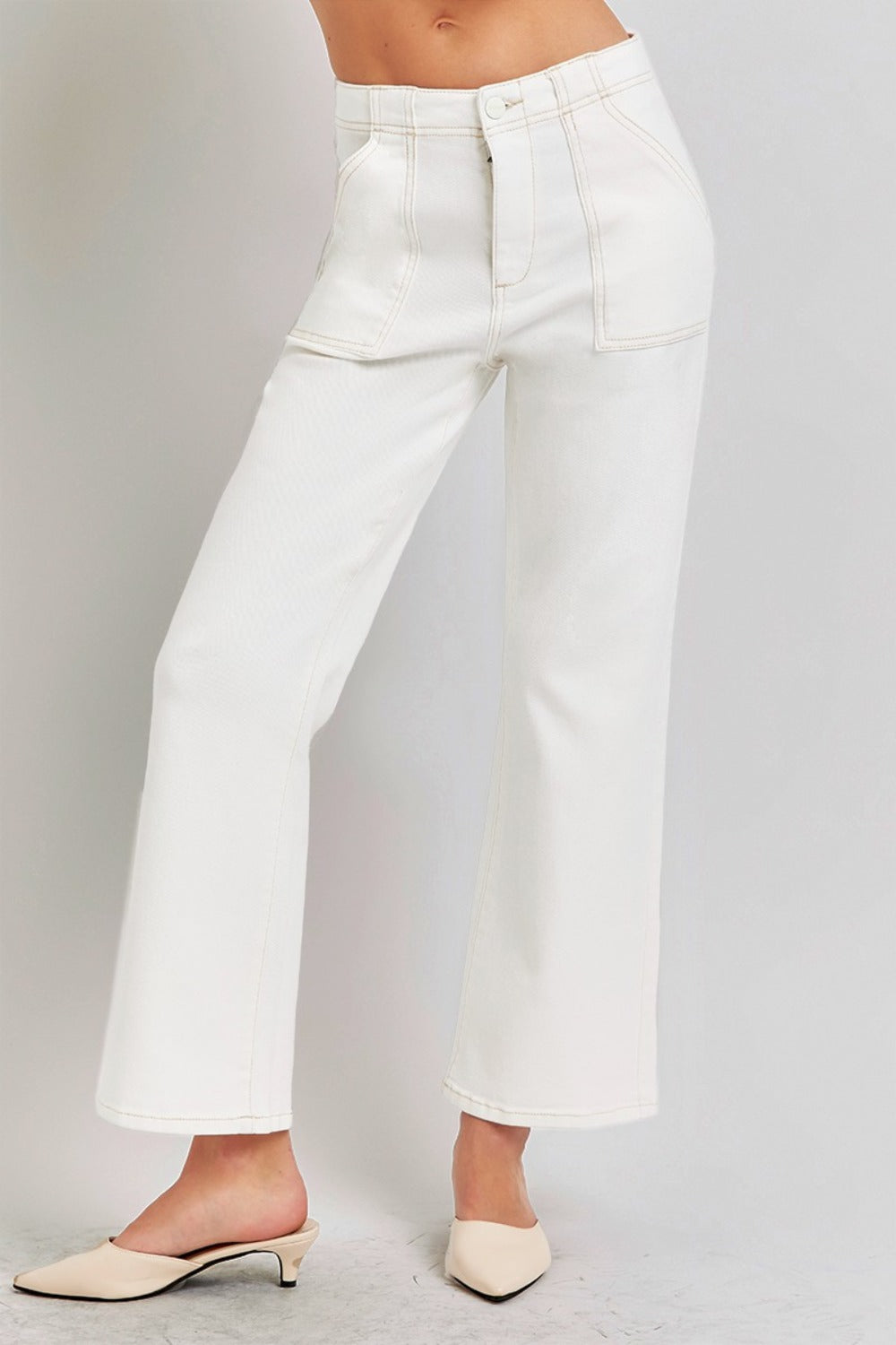 High Rise Ankle Flare Jeans with Patch Pockets