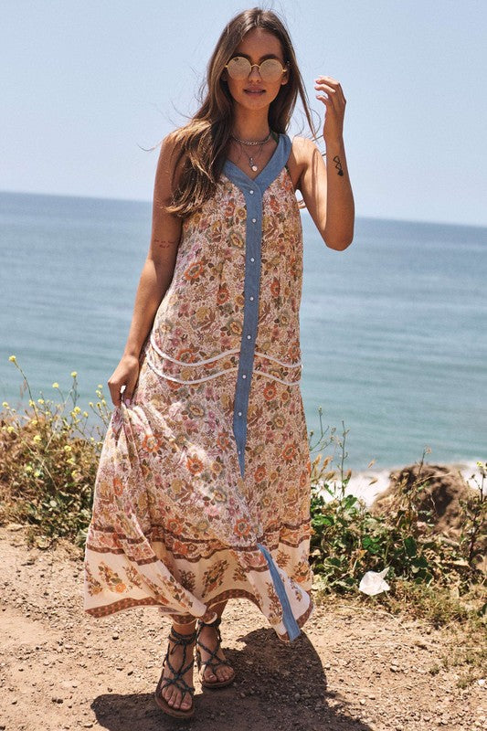 Last One Sale! Originally $78 Floral Border Printed V-Neck Sleeveless Maxi Dress