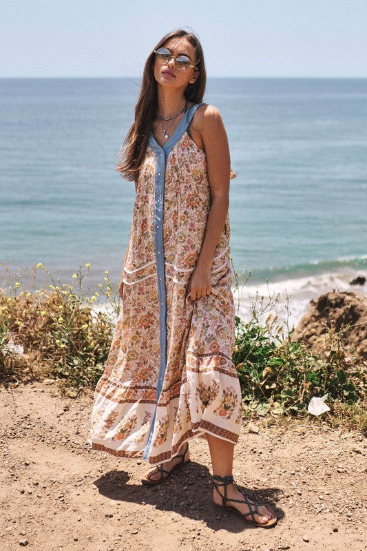 Last One Sale! Originally $78 Floral Border Printed V-Neck Sleeveless Maxi Dress