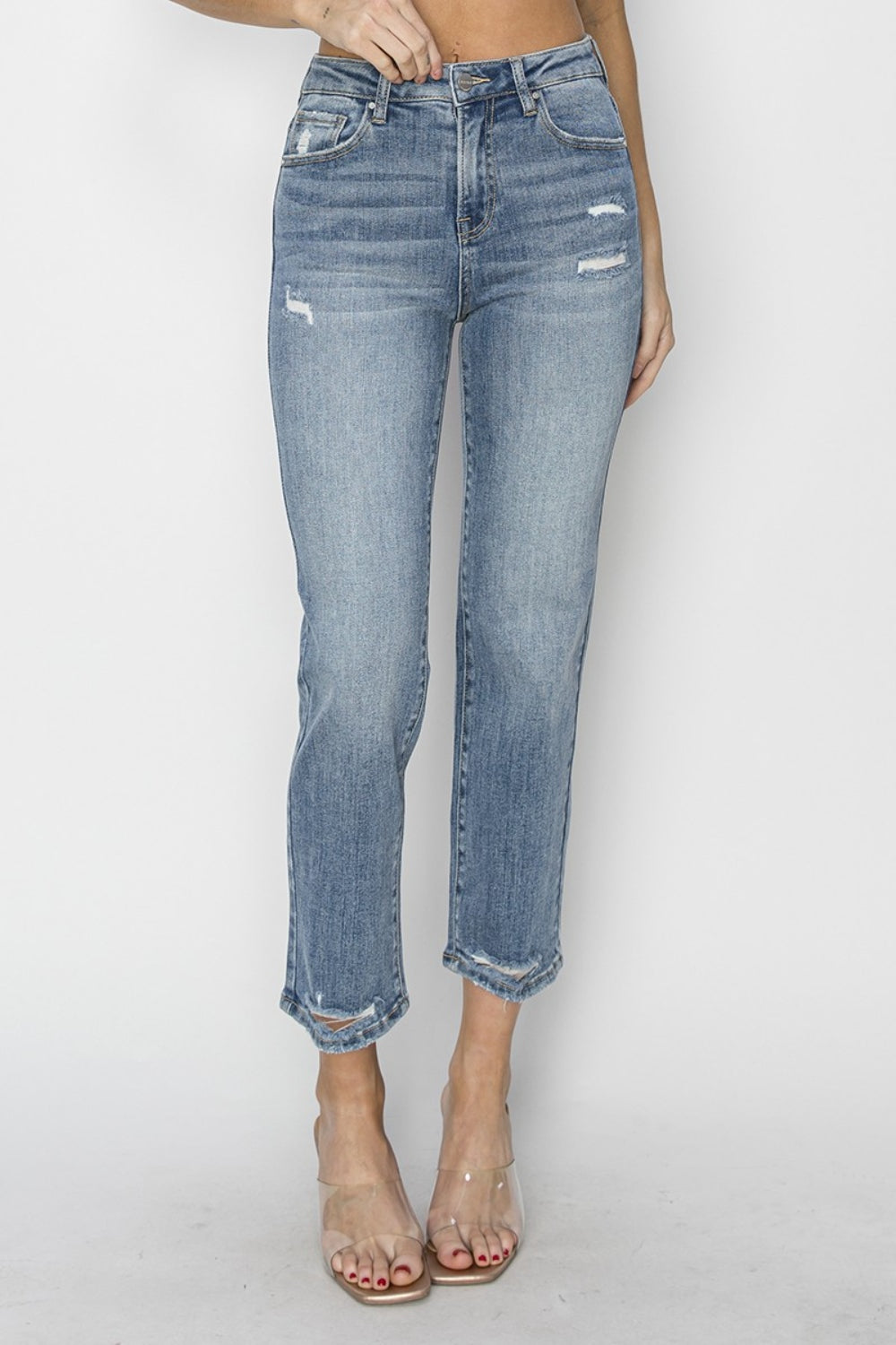 Risen Jeans High Waist Distressed Cropped Jeans