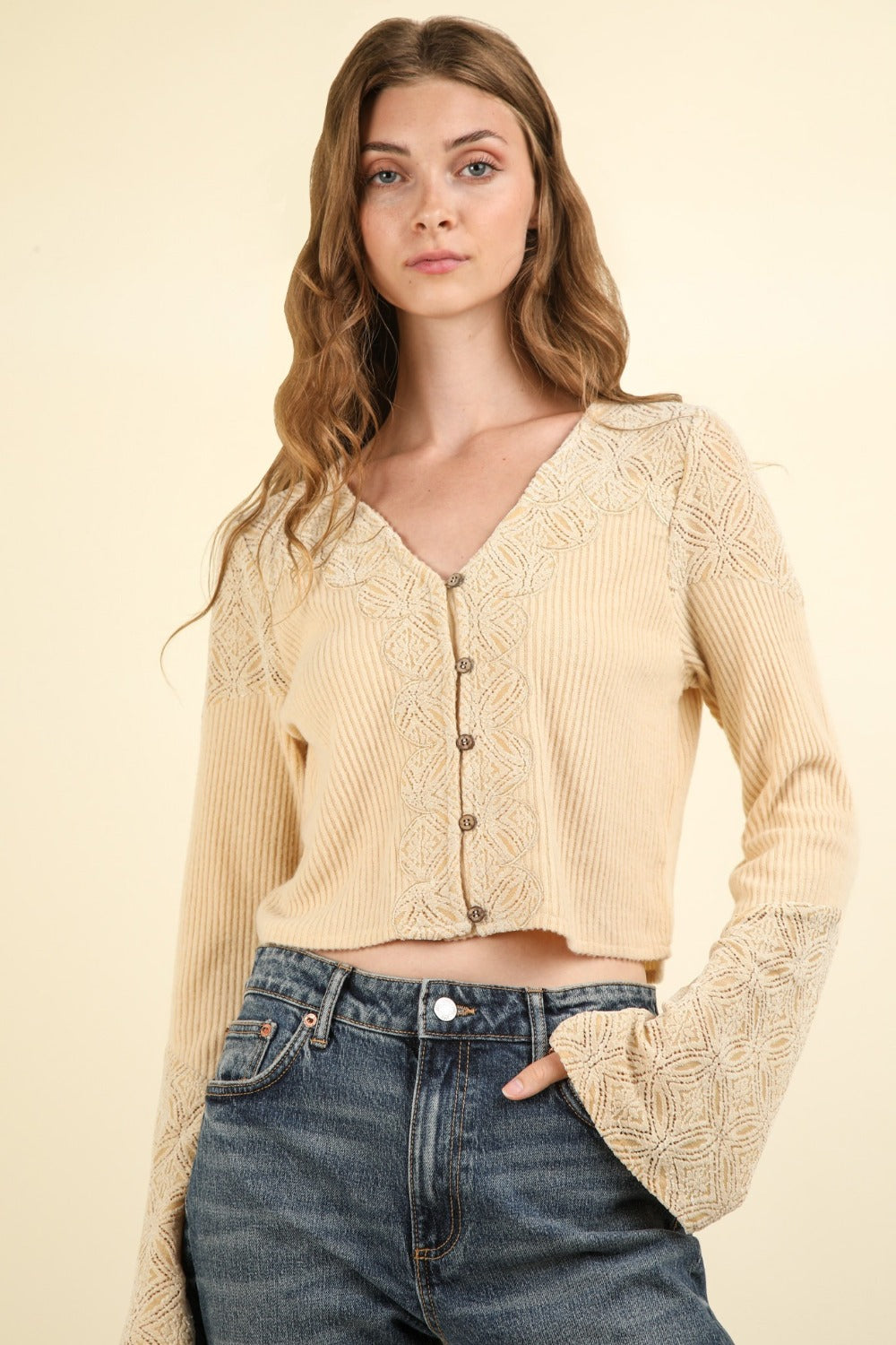 Lace Detail Button Down Crop Ribbed Knit Top