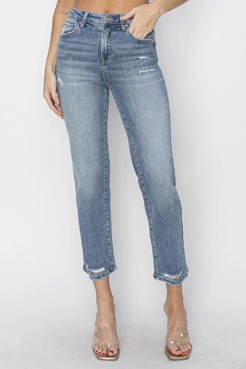 Risen Jeans High Waist Distressed Cropped Jeans