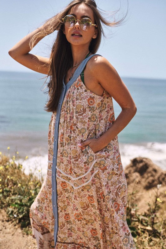 Last One Sale! Originally $78 Floral Border Printed V-Neck Sleeveless Maxi Dress