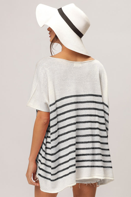 V-Neck Striped Short Sleeve Top