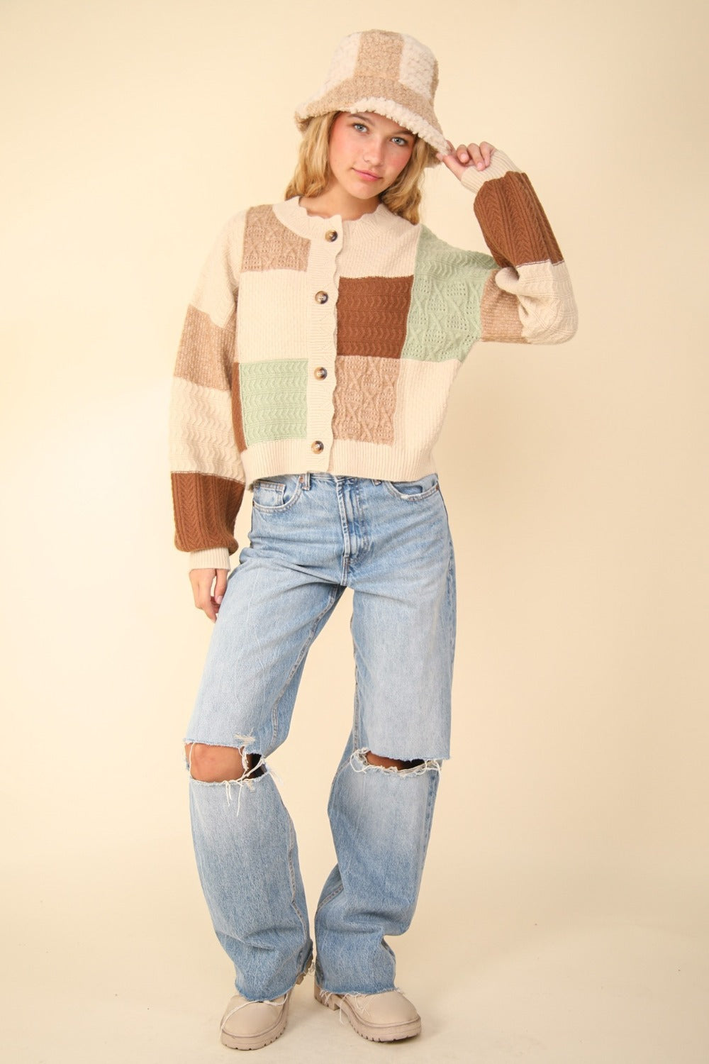 Grandma Textured Sweater Cardigan (Beige/Oatmeal)