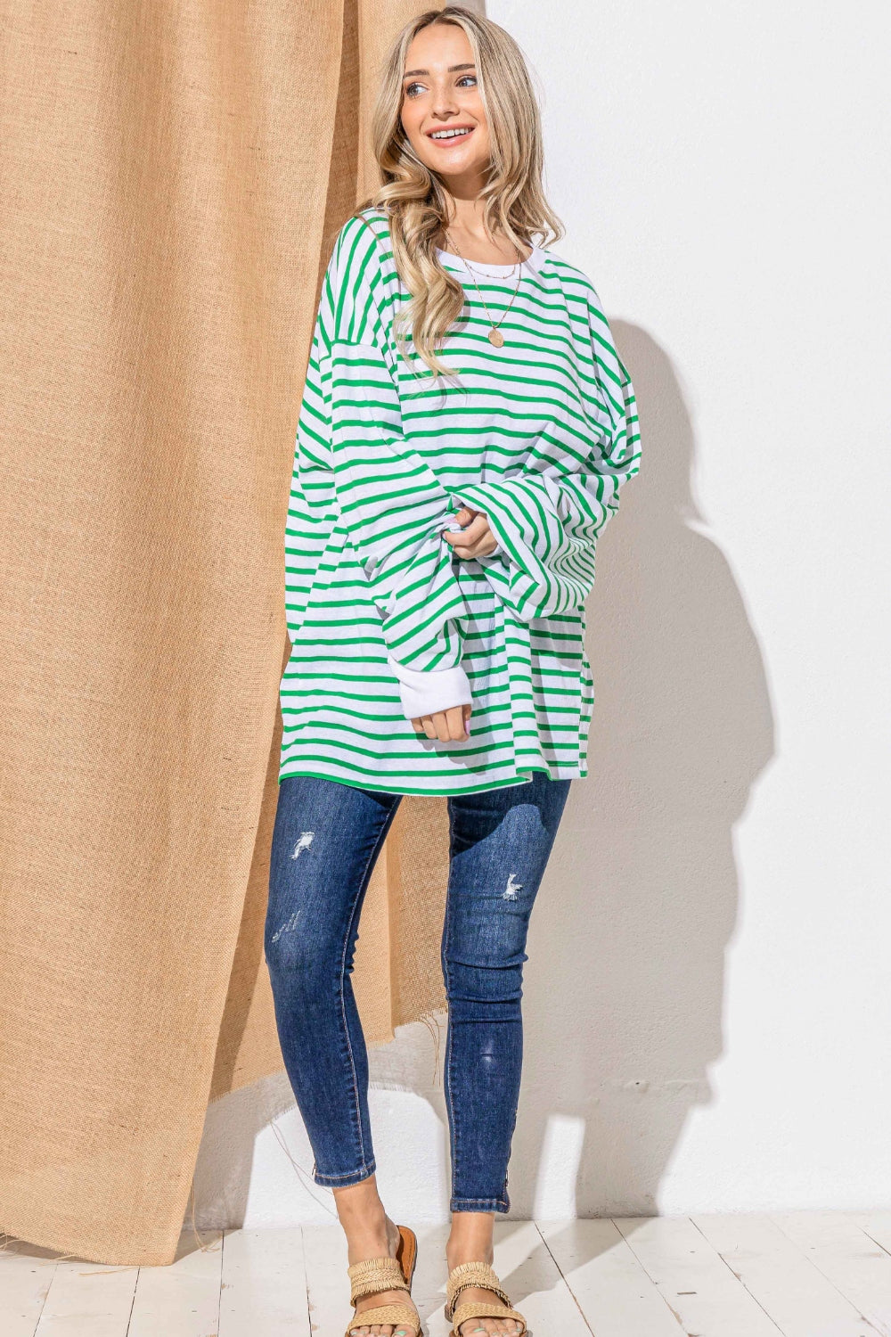 Oversized Striped Balloon Sleeve Top