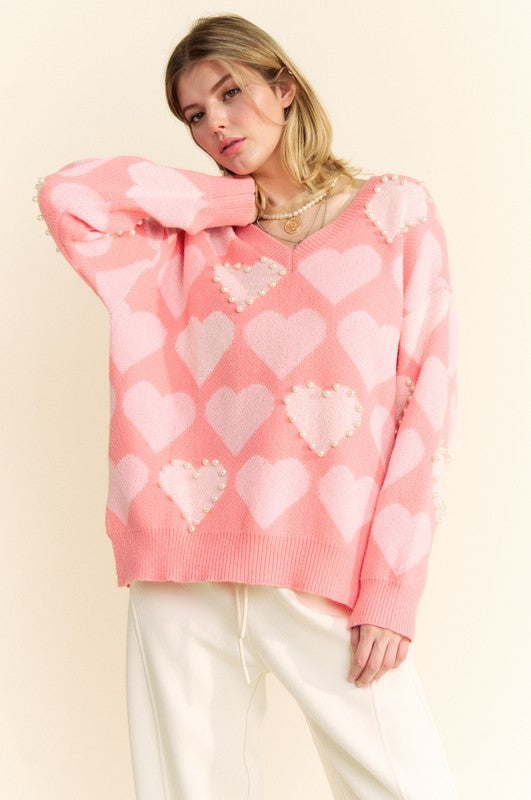 Heart Pearl Side Slit V Neck Sweater