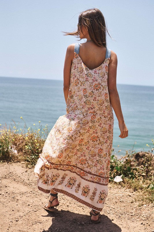 Last One Sale! Originally $78 Floral Border Printed V-Neck Sleeveless Maxi Dress