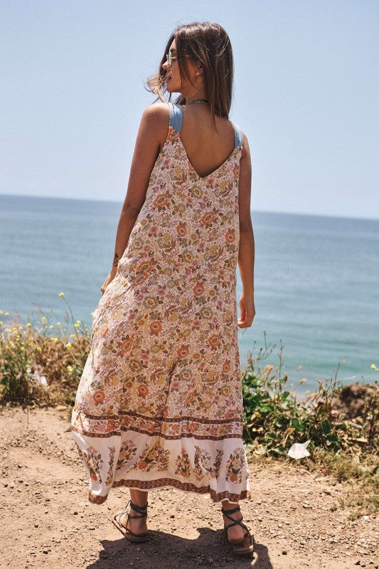 Last One Sale! Originally $78 Floral Border Printed V-Neck Sleeveless Maxi Dress