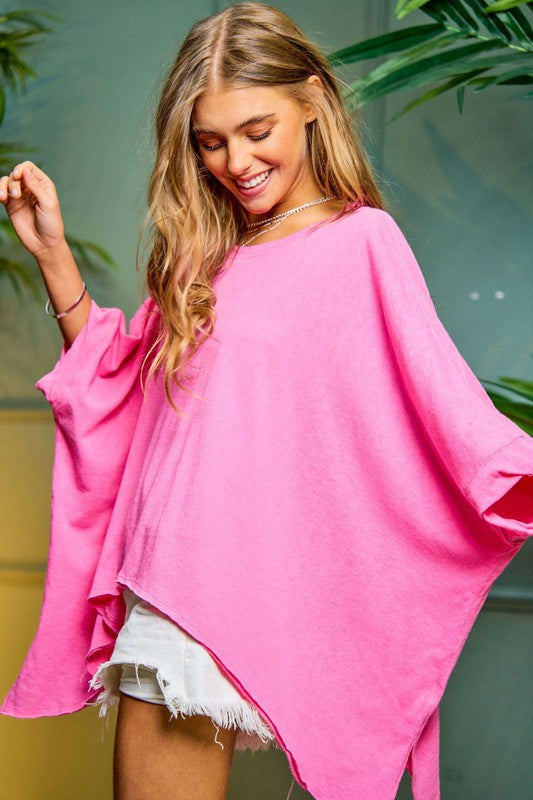 Solid Round Neck Loose Fit Kimono Sleeve Tee