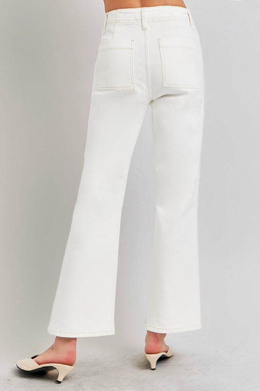 High Rise Ankle Flare Jeans with Patch Pockets