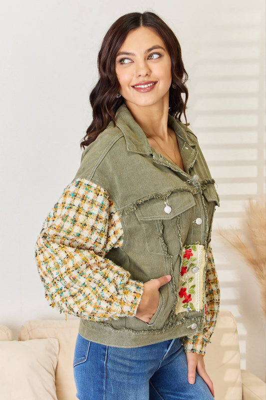 Last One Sale! Originally $68 Embroidered Button Down Raw Hem Shacket