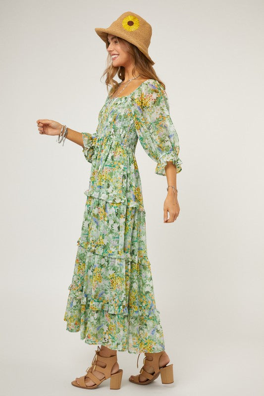 Last One Sale! Originally $75 Floral Chiffon Midi Dress