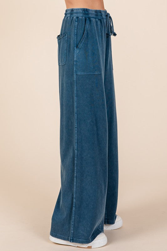 Mineral Wash French Terry Drawstring Wide Leg Pants (Loungewear)