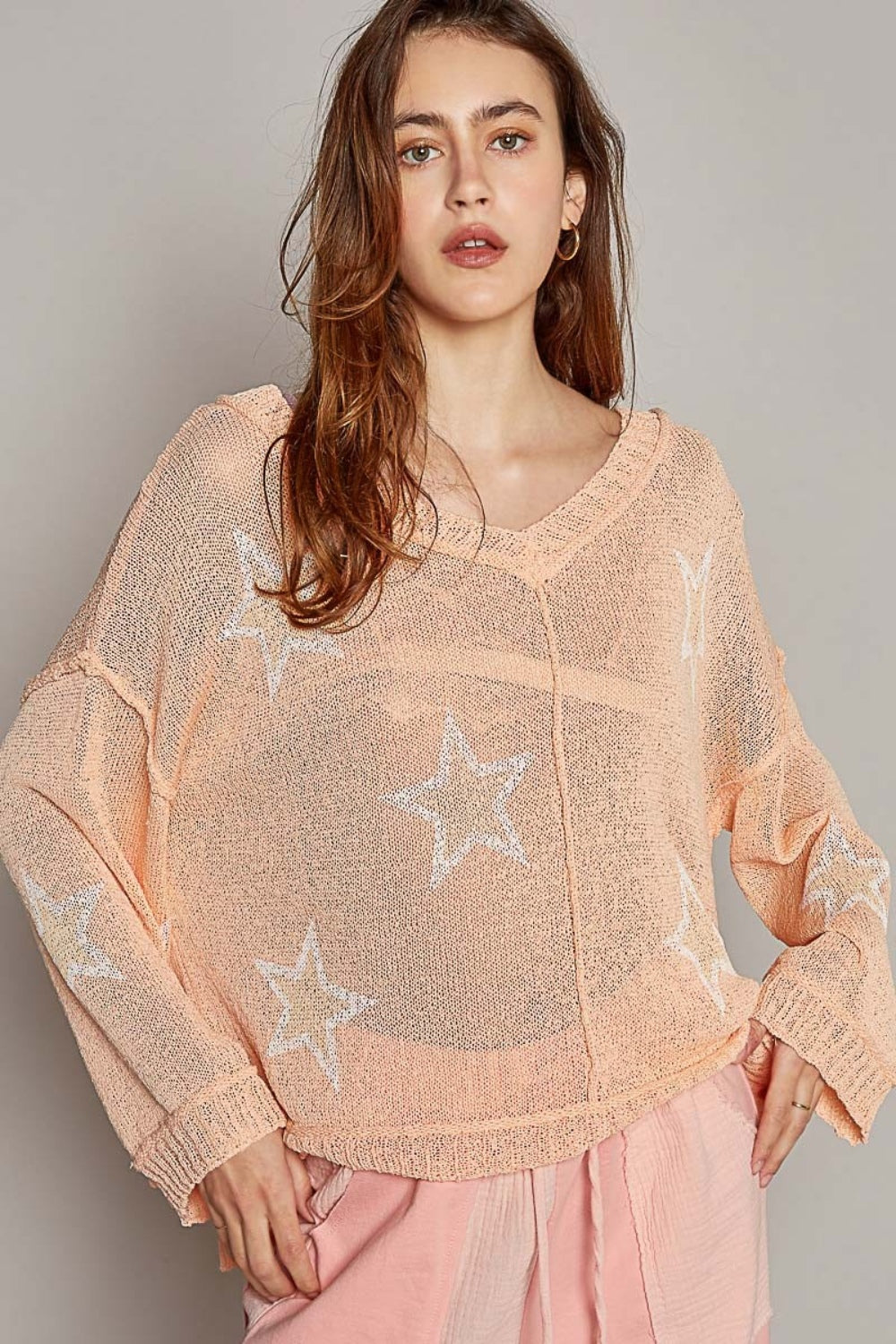 Last One Sale! Originally $58 V-Neck Long Sleeve Star Print Knit Top