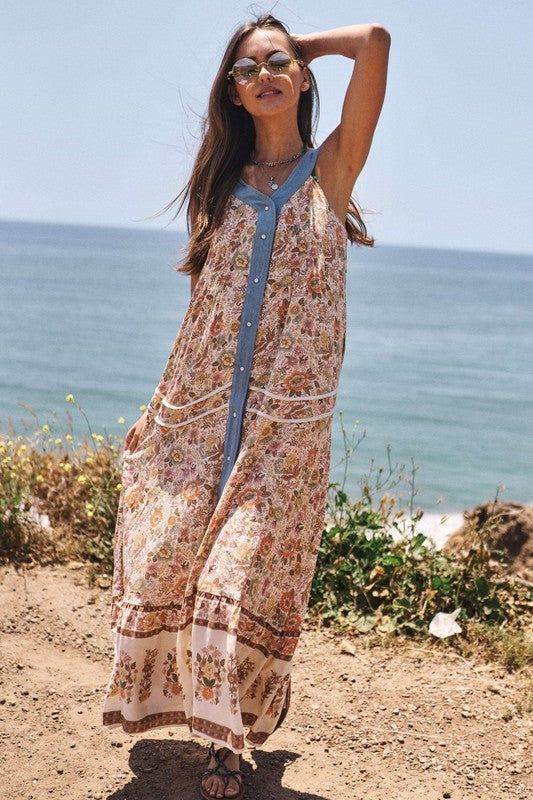 Last One Sale! Originally $78 Floral Border Printed V-Neck Sleeveless Maxi Dress