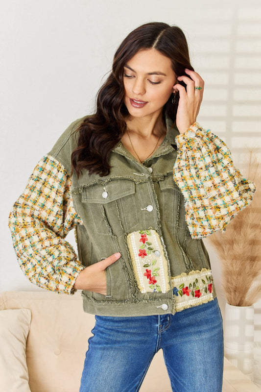 Last One Sale! Originally $68 Embroidered Button Down Raw Hem Shacket