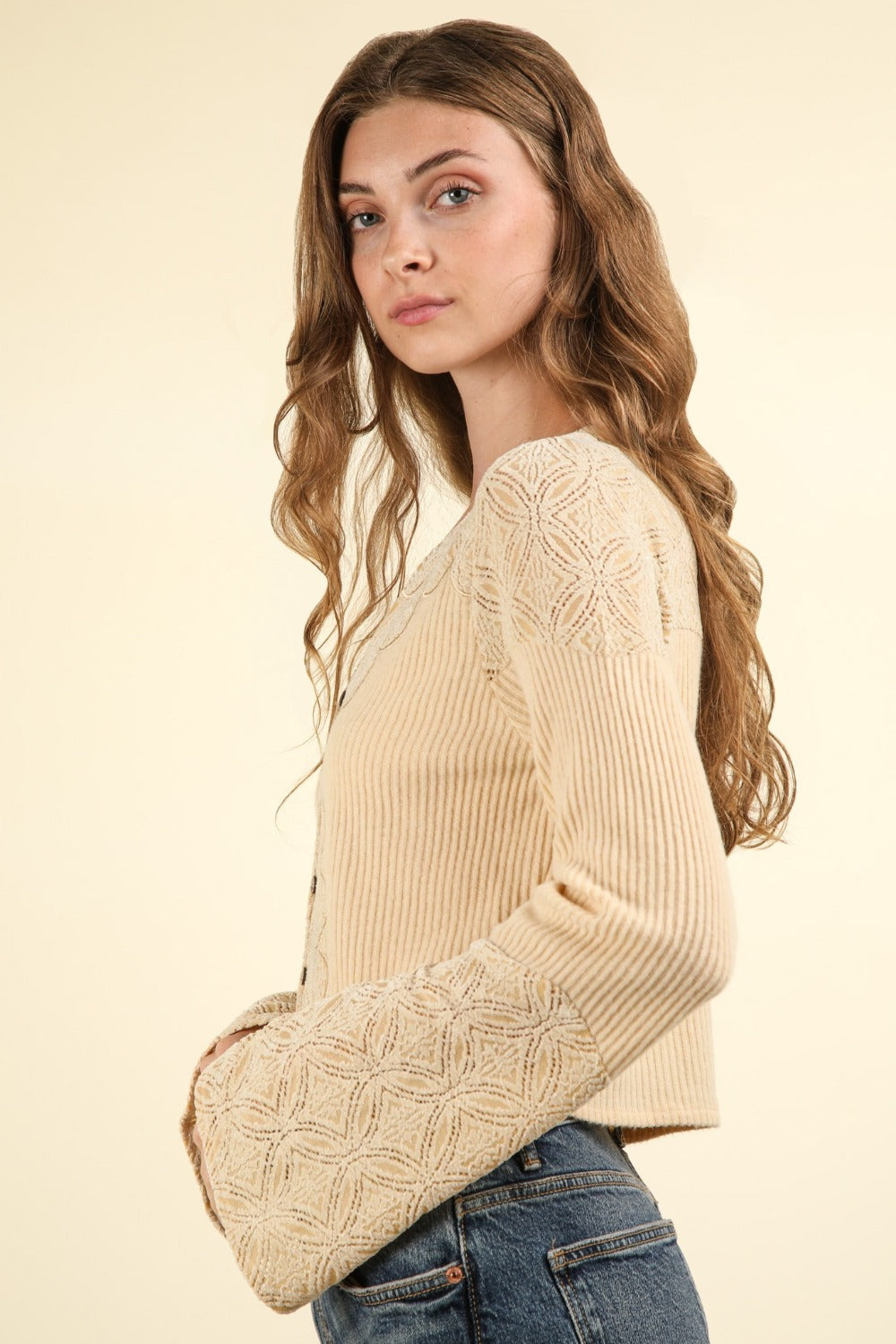 Lace Detail Button Down Crop Ribbed Knit Top