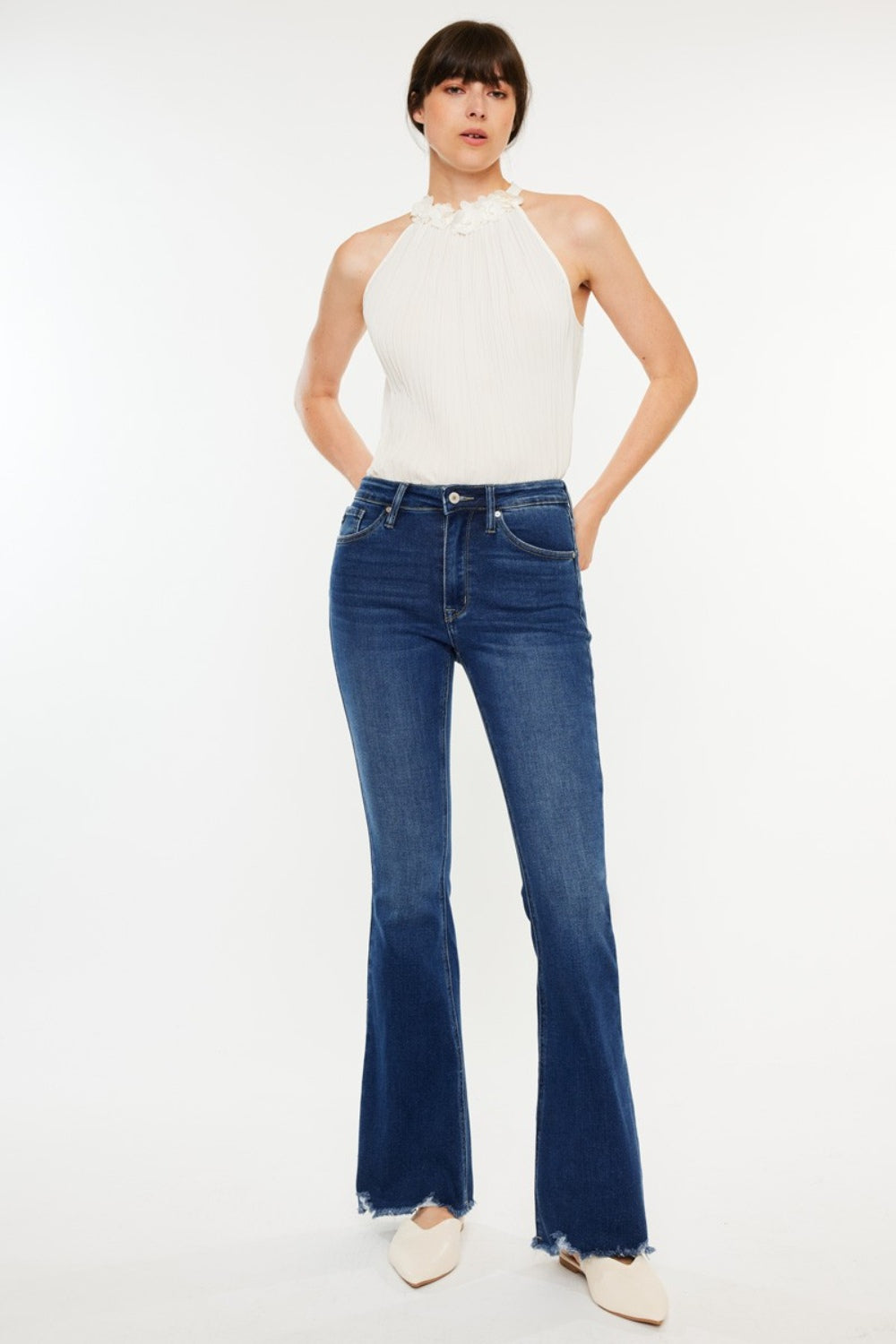 Kancan Dark Wash Raw Hem Flare Jeans