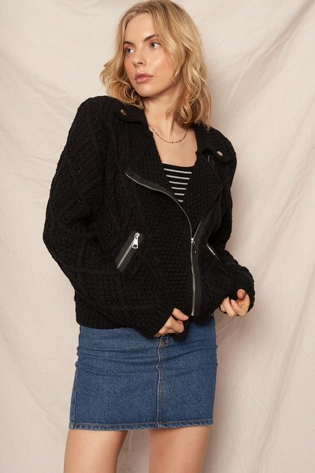 Cable Knit Moto Sweater Jacket