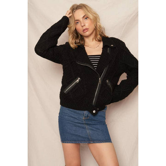 Cable Knit Moto Sweater Jacket