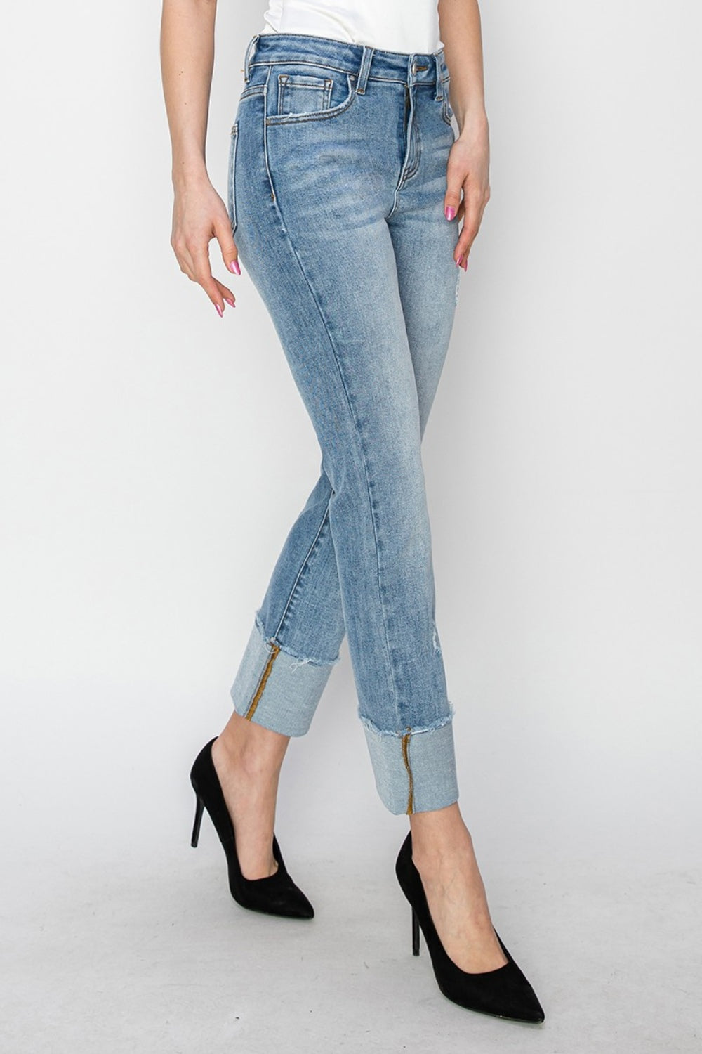 High Rise Cuffed Slim Straight Jeans