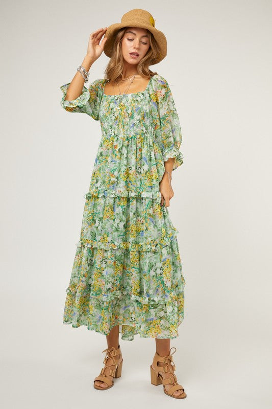 Last One Sale! Originally $75 Floral Chiffon Midi Dress