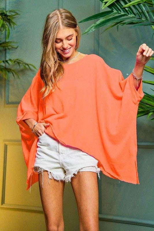 Solid Round Neck Loose Fit Kimono Sleeve Tee