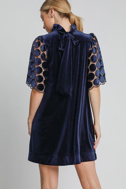 Dotted Lace Mock Neck Back Tie Velvet Dress