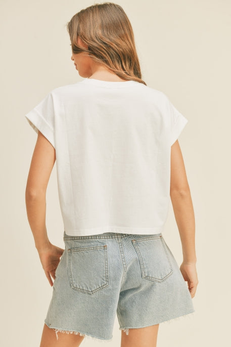 Cotton Neck Cuffed Sleeve Top